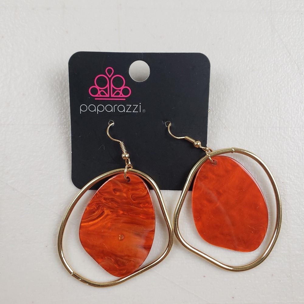 Paparazzi Orange Marbled Resin Gold Geometric Hoop Dangle Earrings Retro Glam